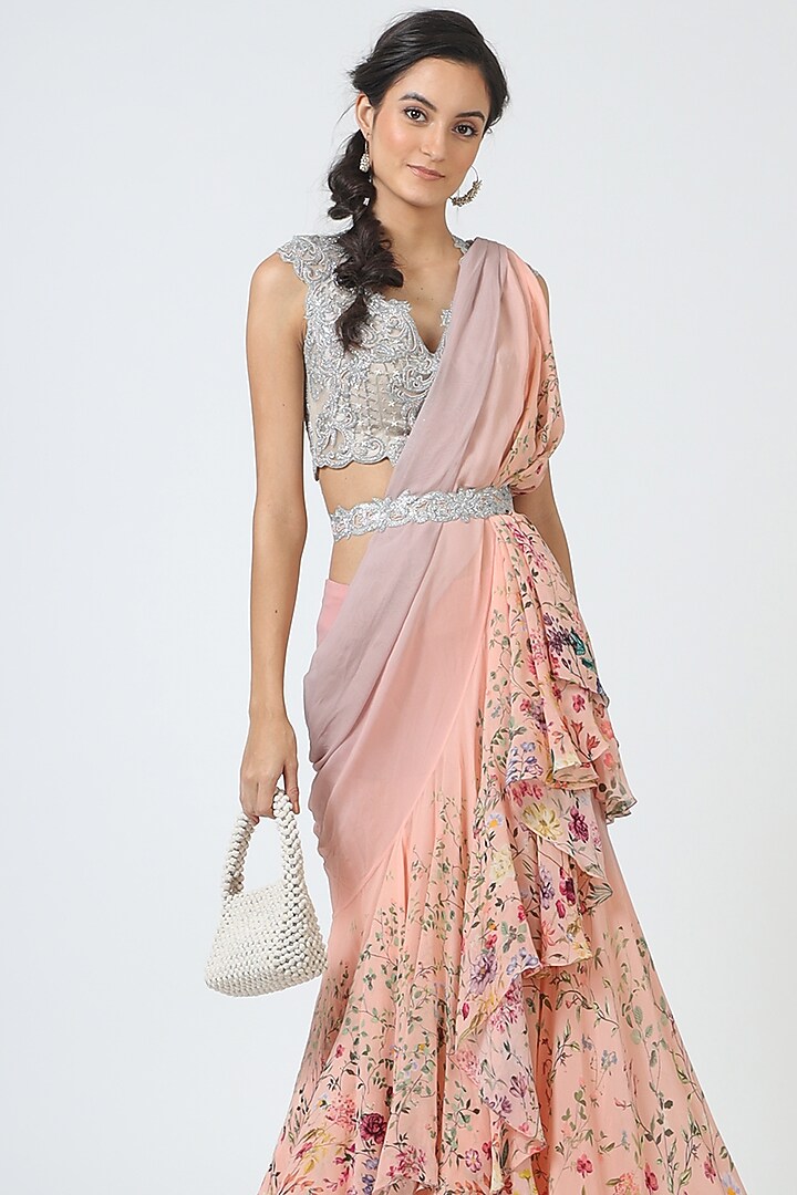 Blush Pink Printed Reception Saree Set by Geisha Designs at Pernia's Pop Up Shop