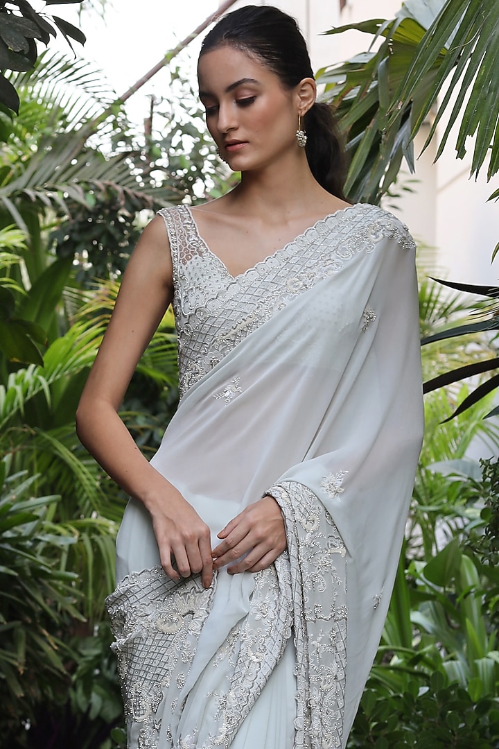 Sky Blue Embroidered Reception Saree Set by Geisha Designs at Pernia's Pop Up Shop