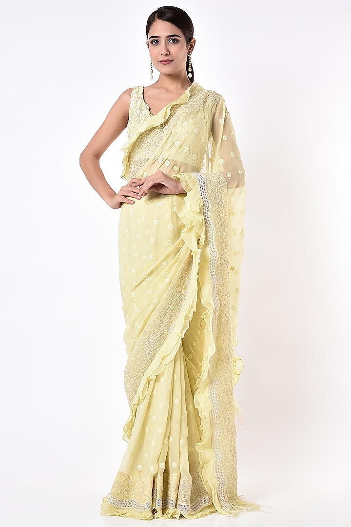 Gentle Yellow Embroidered Saree by Geisha Designs