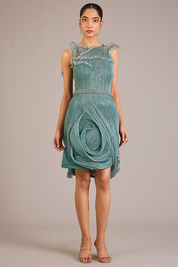 Green Nylon & Rayon Mini Party Wear Dress by Geisha Designs at Pernia's Pop Up Shop
