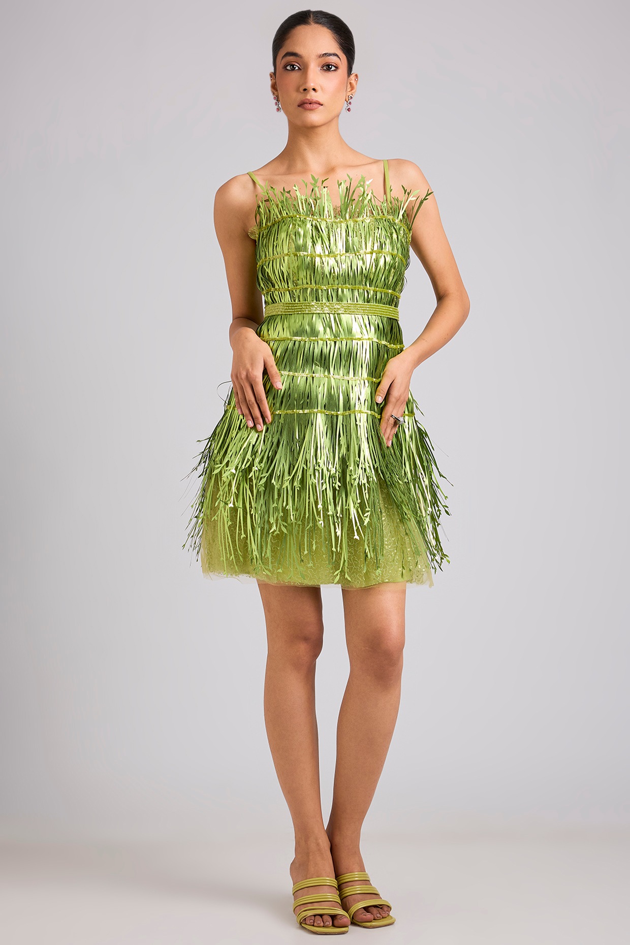 Geisha Designs Green Nylon & Tulle Embroidered Mini Dress