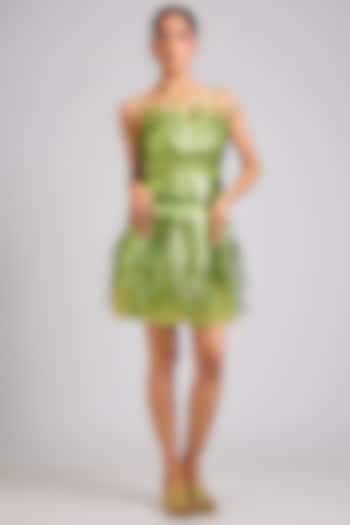 Green Nylon & Tulle Embroidered Mini Party Wear Dress by Geisha Designs at Pernia's Pop Up Shop