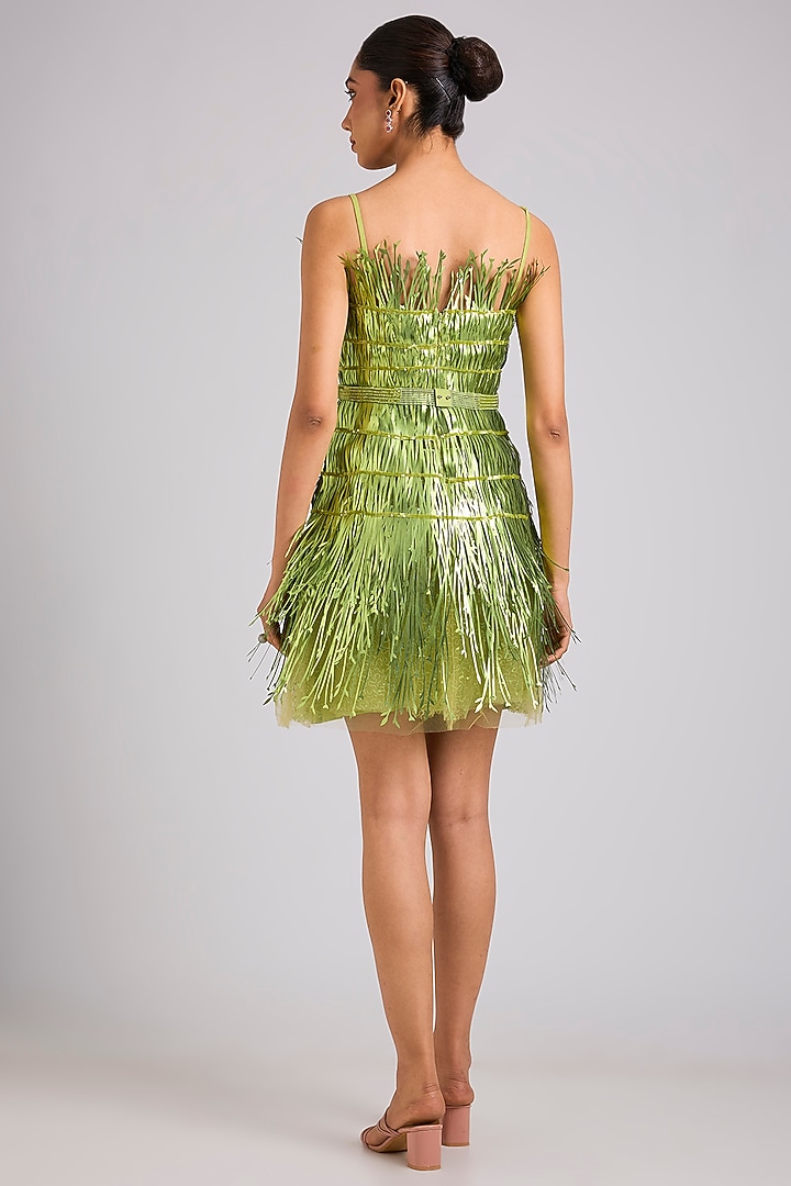 Green Nylon & Tulle Embroidered Mini Party Wear Dress by Geisha Designs at Pernia's Pop Up Shop