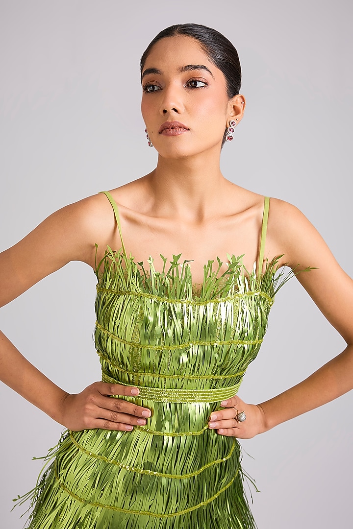 Green Nylon & Tulle Embroidered Mini Party Wear Dress by Geisha Designs at Pernia's Pop Up Shop