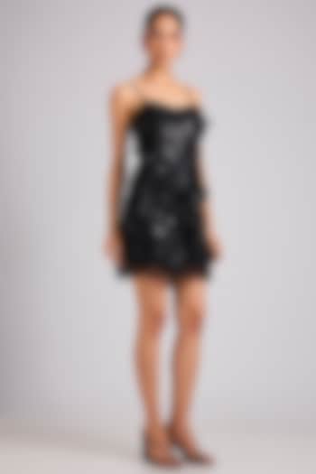 Black Nylon & Polyester Ruffled Mini Party Wear Dress by Geisha Designs at Pernia's Pop Up Shop