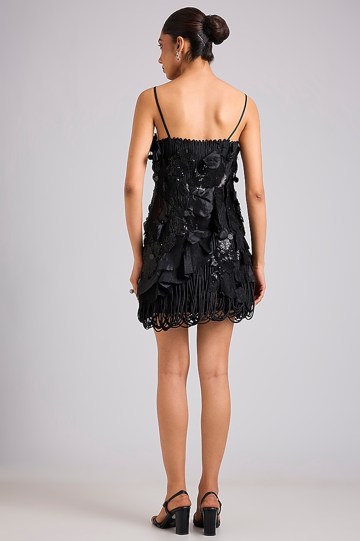 Black Nylon & Polyester Ruffled Mini Party Wear Dress by Geisha Designs at Pernia's Pop Up Shop