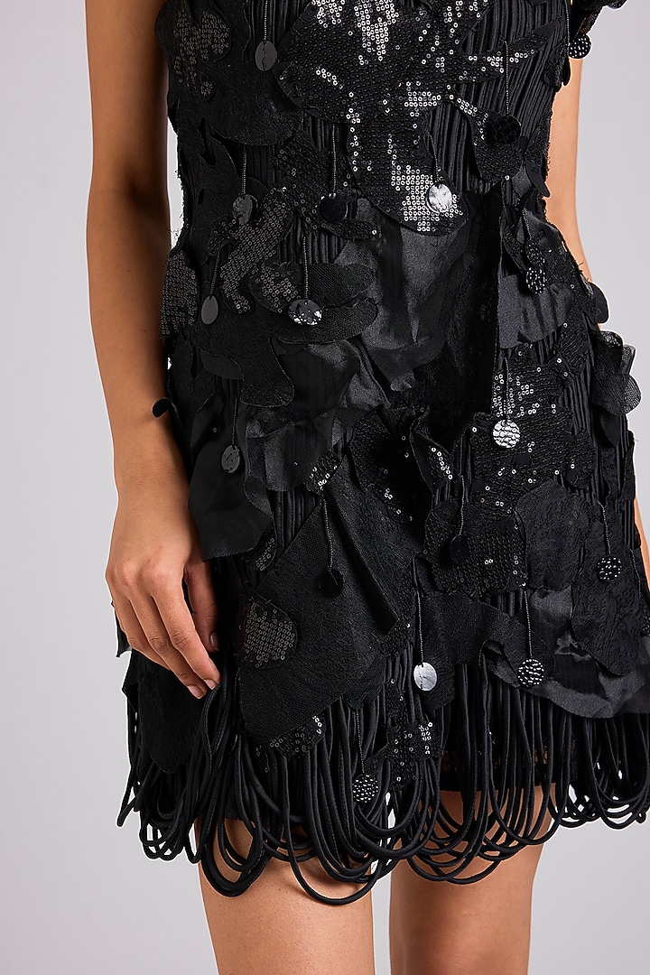 Black Nylon & Polyester Ruffled Mini Party Wear Dress by Geisha Designs at Pernia's Pop Up Shop