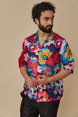 Multi-Colored Muse Silk Floral Printed Shirt by Geethika Kanumilli Men