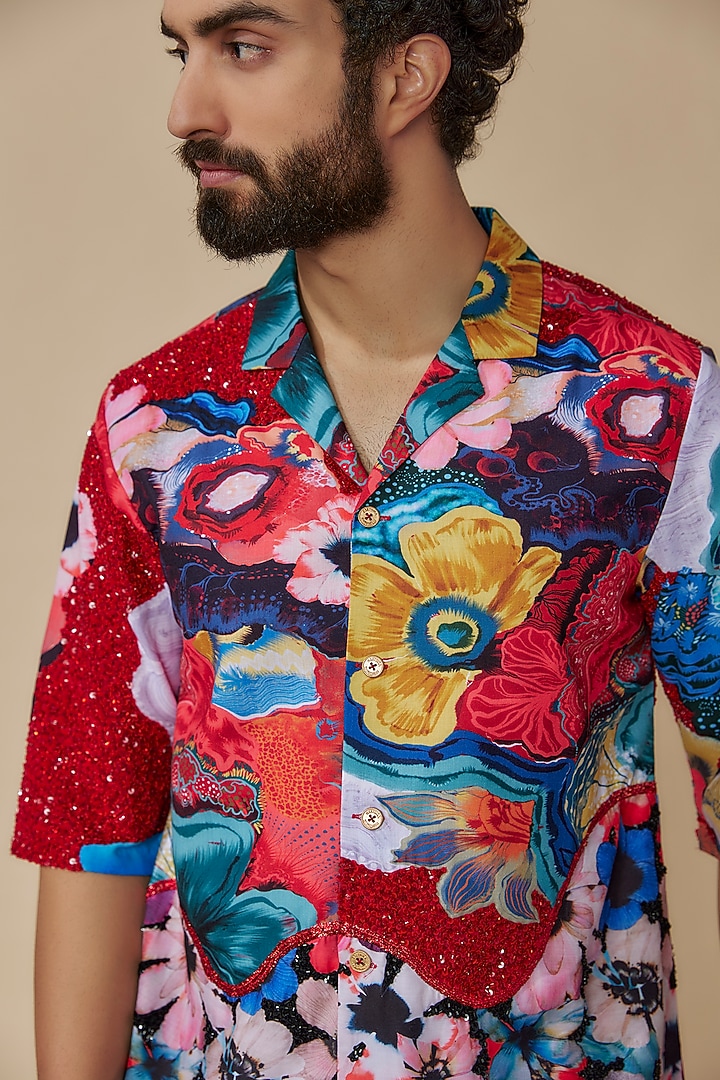 Multi-Colored Muse Silk Floral Printed Wedding Shirt by Geethika Kanumilli Men at Pernia's Pop Up Shop