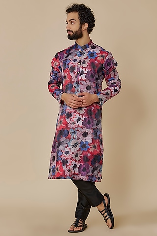 Multi-Colored Muse Silk Floral Printed Kurta Set by Geethika Kanumilli Men