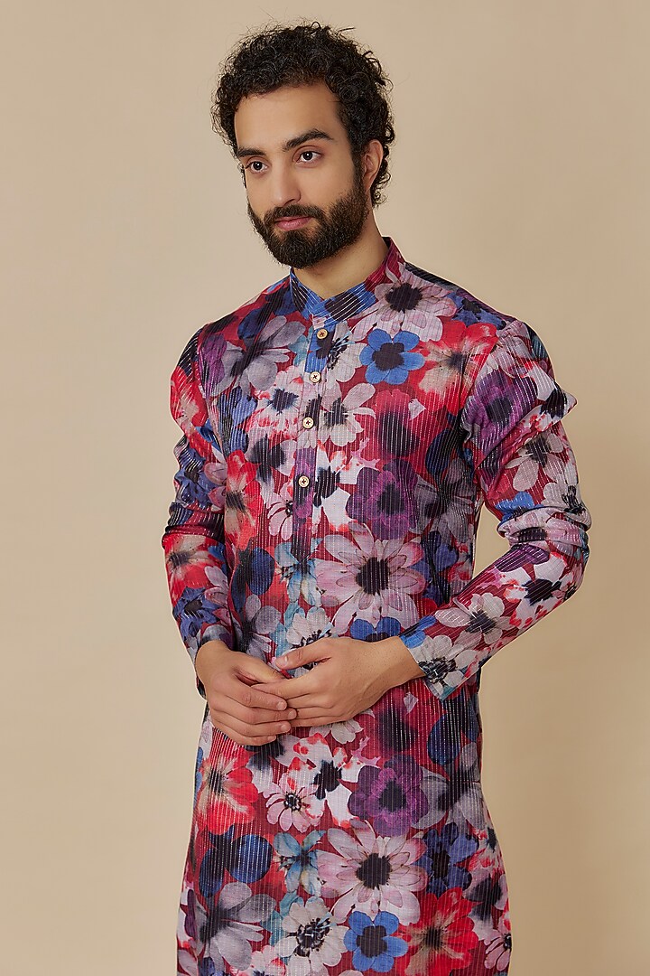 Multi-Colored Muse Silk Floral Printed Kurta Set by Geethika Kanumilli Men at Pernia's Pop Up Shop