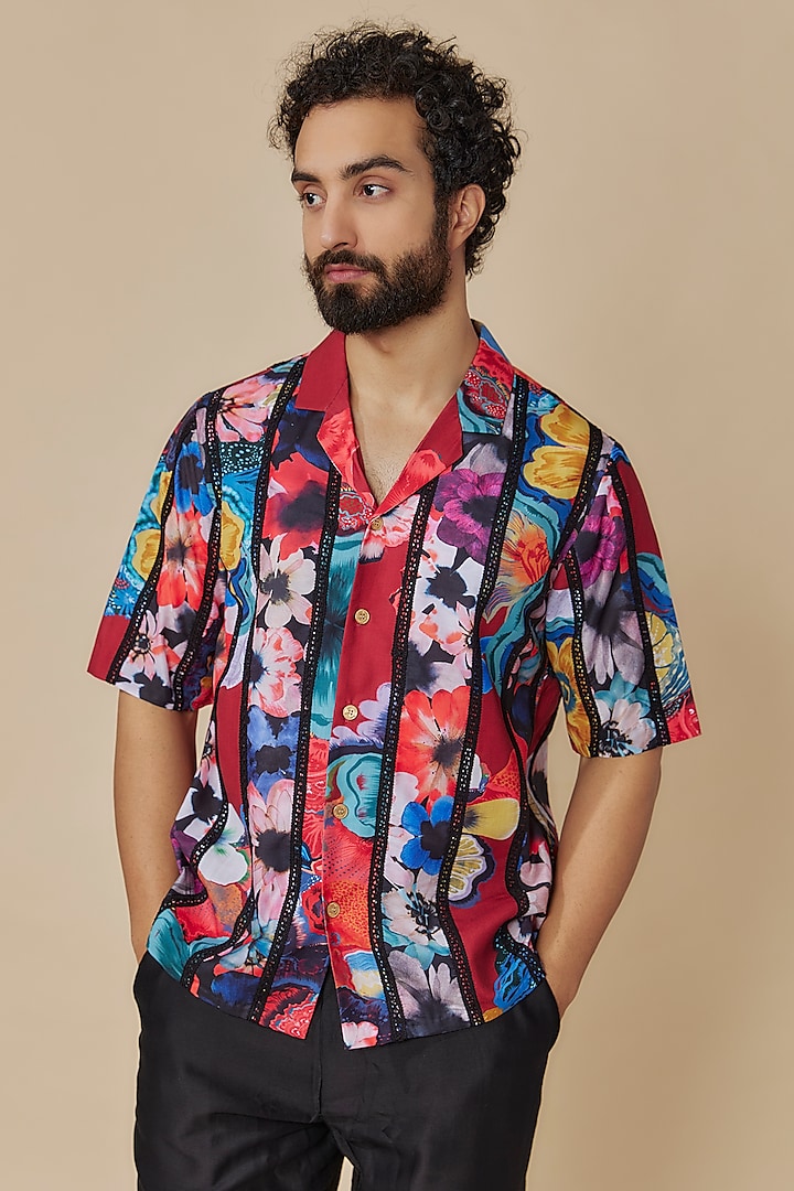 Multi-Colored Muse Silk Floral Printed Shirt by Geethika Kanumilli Men