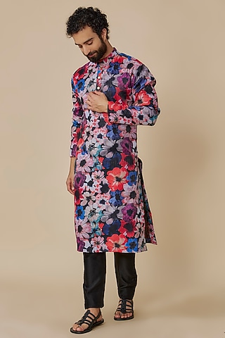 Multi-Colored Muse Silk Floral Printed Kurta Set by Geethika Kanumilli Men