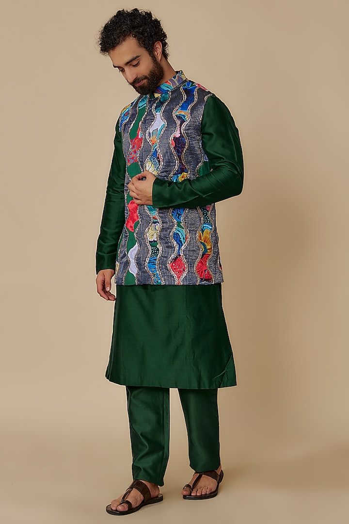 Multi-Colored Chanderi Printed Nehru Jacket Set by Geethika Kanumilli Men