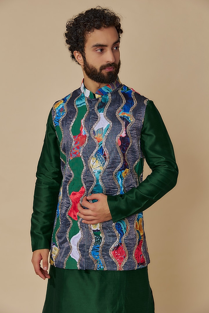Multi-Colored Chanderi Printed Nehru Jacket Set by Geethika Kanumilli Men at Pernia's Pop Up Shop
