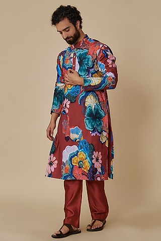 Red Muse Silk Floral Printed Kurta Set by Geethika Kanumilli Men