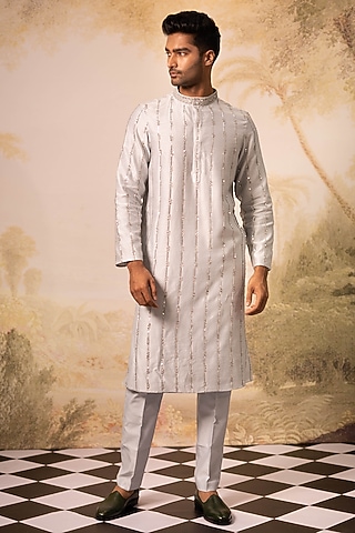 Ice Blue Chanderi Kurta Set by Geethika Kanumilli Men