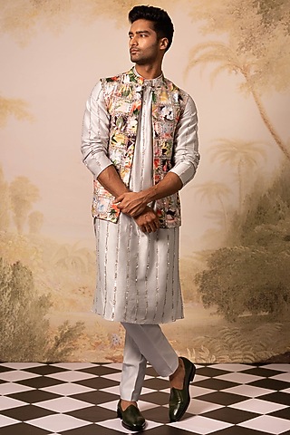 Ice Blue Chanderi & Himalayan Satin Bundi Jacket Set by Geethika Kanumilli Men