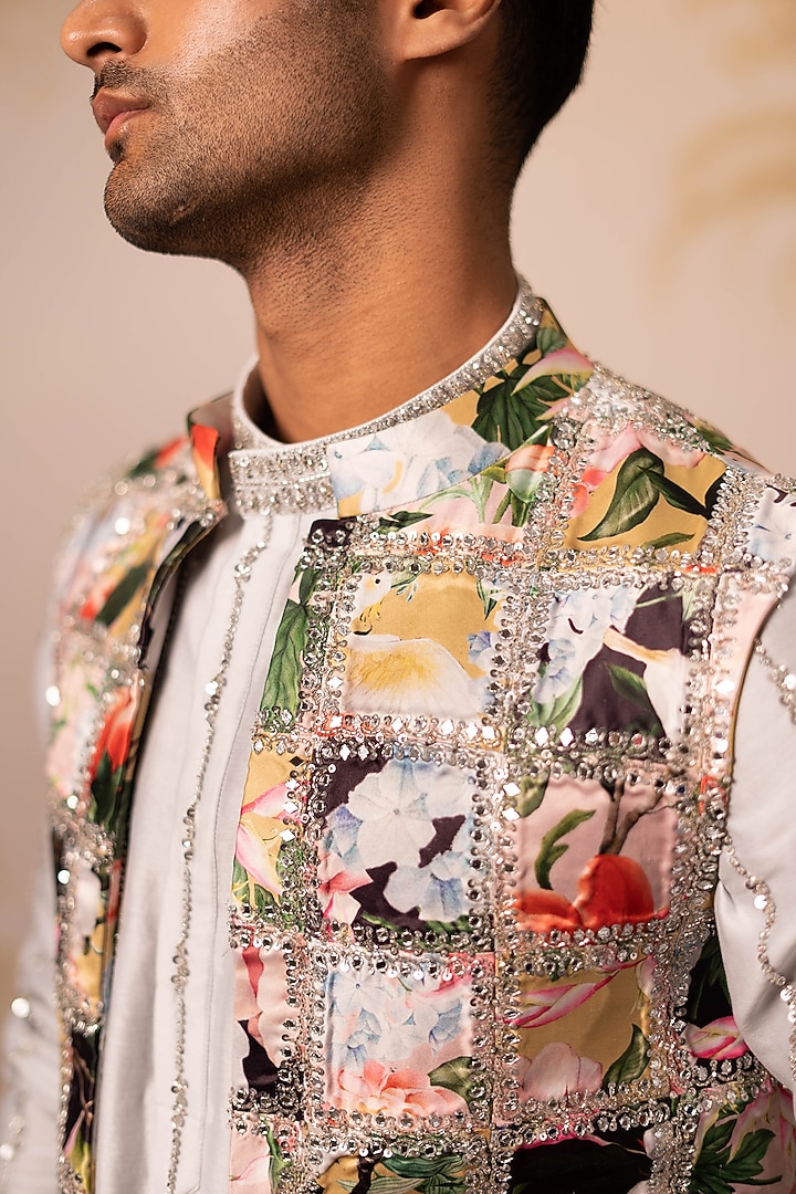 Ice Blue Chanderi & Himalayan Satin Bundi Jacket Set by Geethika Kanumilli Men at Pernia's Pop Up Shop