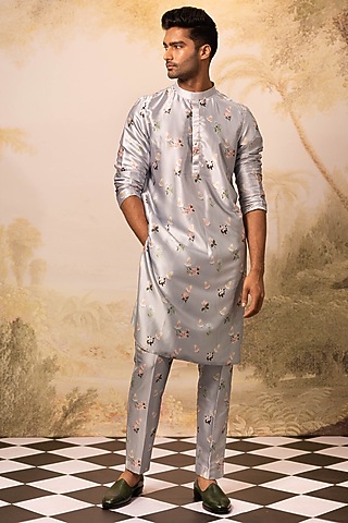 Ice Blue Satin Kurta Set by Geethika Kanumilli Men
