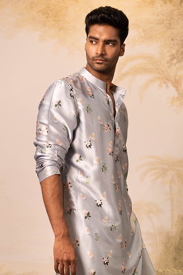 Ice Blue Satin Kurta Set by Geethika Kanumilli Men at Pernia's Pop Up Shop