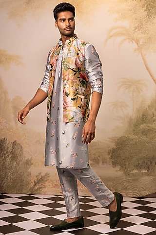 Ice Blue Satin & Himalayan Satin Bundi Jacket Set by Geethika Kanumilli Men