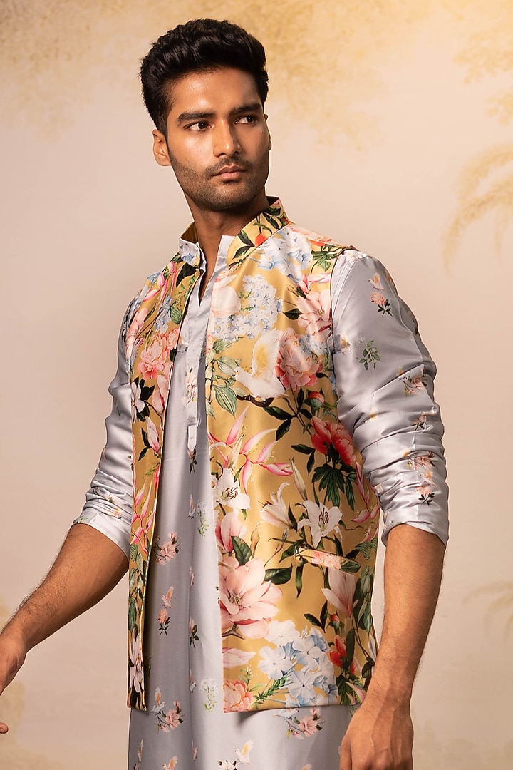 Ice Blue Satin & Himalayan Satin Bundi Jacket Set by Geethika Kanumilli Men at Pernia's Pop Up Shop