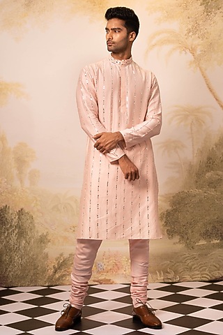 Peach Chanderi Kurta Set by Geethika Kanumilli Men