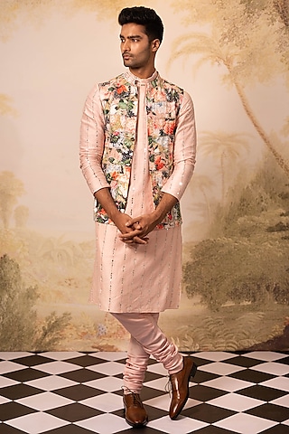 Pink Chanderi & Himalayan Satin Waistcoat Set by Geethika Kanumilli Men