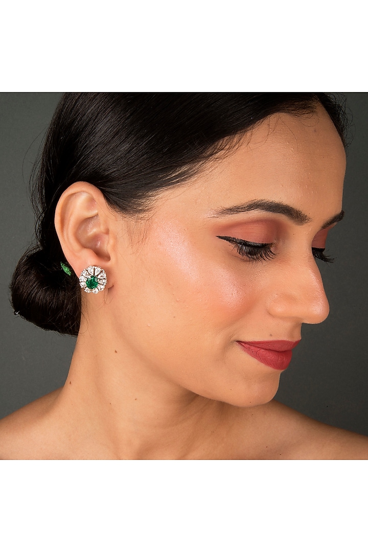 White Finish Oval-Cut Emerald Stud Earrings In Sterling Silver by Gemstruck at Pernia's Pop Up Shop
