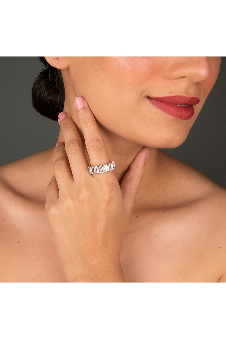 White Finish Emerald- Cut Zircon Ring In Sterling Silver by Gemstruck at Pernia's Pop Up Shop