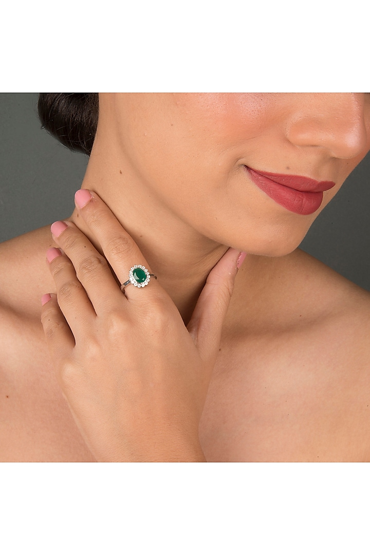 White Finish Emerald & Zircon Ring In Sterling Silver by Gemstruck at Pernia's Pop Up Shop