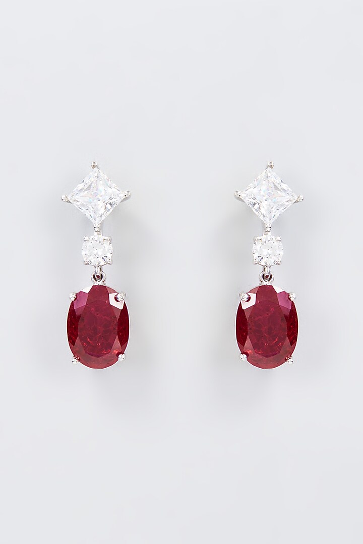 White Finish Zircon & Synthetic Red Stone Dangler Earrings In Sterling Silver by Gemstruck at Pernia's Pop Up Shop