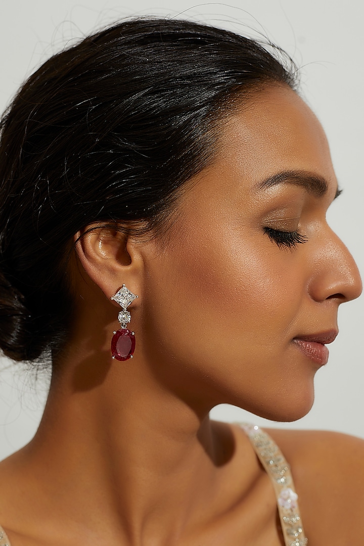 White Finish Zircon & Synthetic Red Stone Dangler Earrings In Sterling Silver by Gemstruck at Pernia's Pop Up Shop