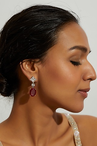 White Finish Zircon & Synthetic Red Stone Dangler Earrings In Sterling Silver by Gemstruck