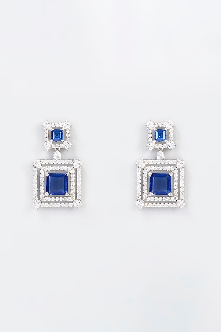 White Finish Zircon & Synthetic Blue Stone Dangler Earrings In Sterling Silver by Gemstruck at Pernia's Pop Up Shop