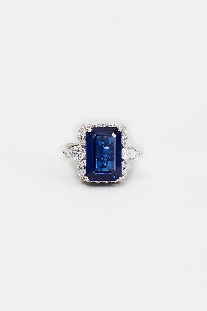 White Finish Zircon & Synthetic Blue Stone Ring In Sterling Silver by Gemstruck at Pernia's Pop Up Shop