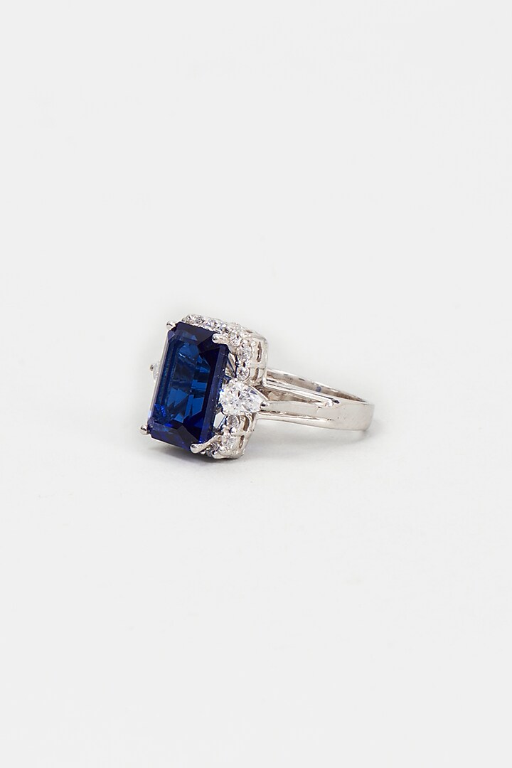 White Finish Zircon & Synthetic Blue Stone Ring In Sterling Silver by Gemstruck at Pernia's Pop Up Shop