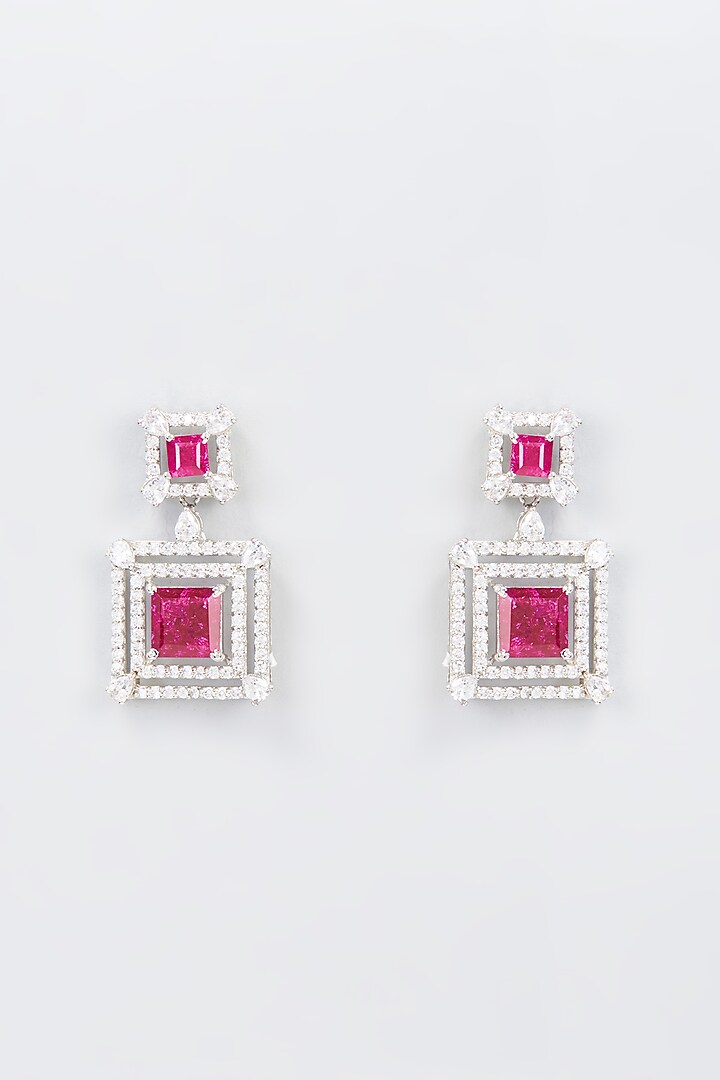 White Finish Zircon & Synthetic Red Stone Dangler Earrings In Sterling Silver by Gemstruck at Pernia's Pop Up Shop
