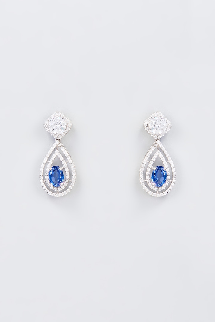 White Finish Zircon & Synthetic Blue Stone Dangler Earrings In Sterling Silver by Gemstruck at Pernia's Pop Up Shop