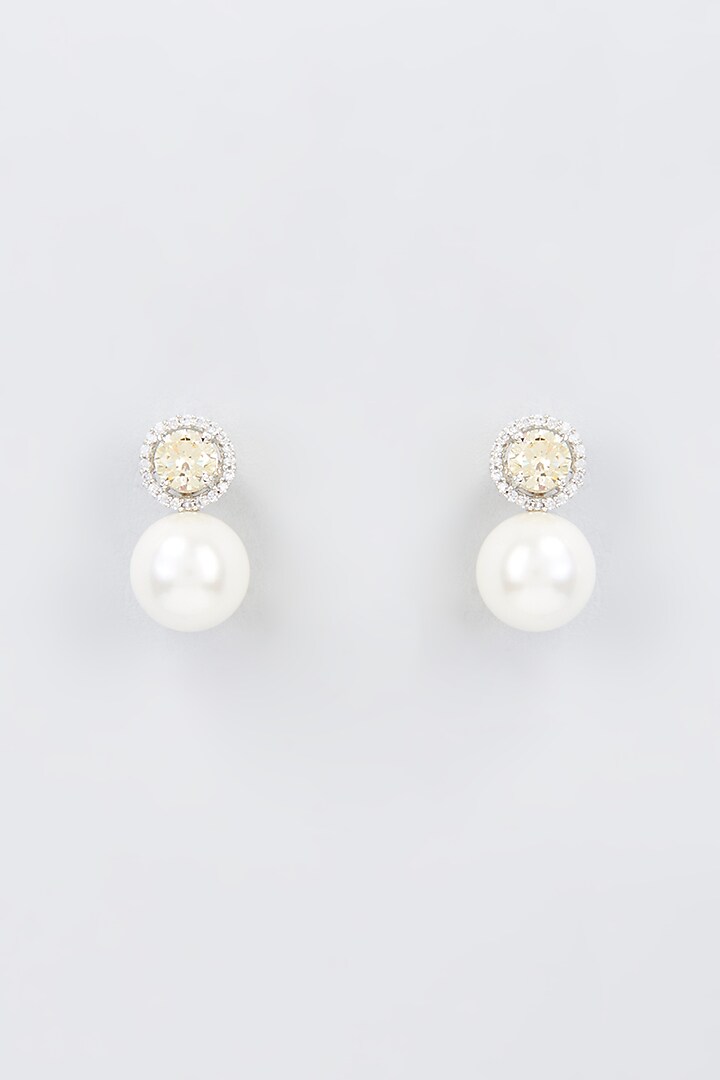 White Finish Shell Pearl & Synthetic Yellow Stone Dangler Earrings In Sterling Silver by Gemstruck at Pernia's Pop Up Shop