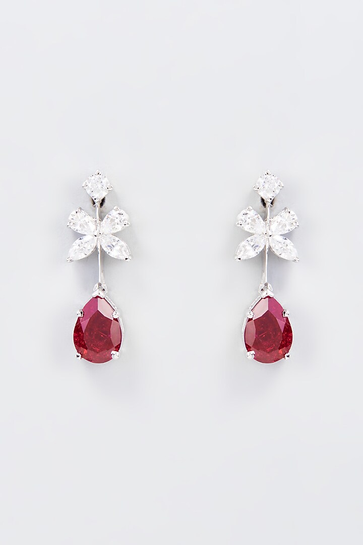 White Finish Zircon & Synthetic Red Stone Dangler Earrings In Sterling Silver by Gemstruck at Pernia's Pop Up Shop