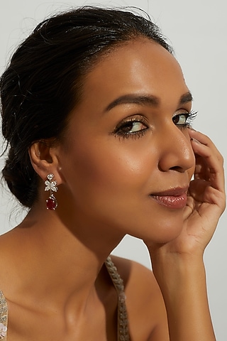 White Finish Zircon & Synthetic Red Stone Dangler Earrings In Sterling Silver by Gemstruck