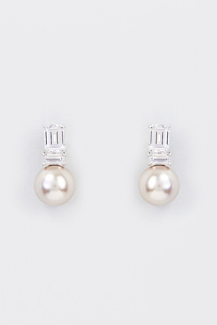White Finish Zircon & Shell Pearl Dangler Earrings In Sterling Silver by Gemstruck at Pernia's Pop Up Shop