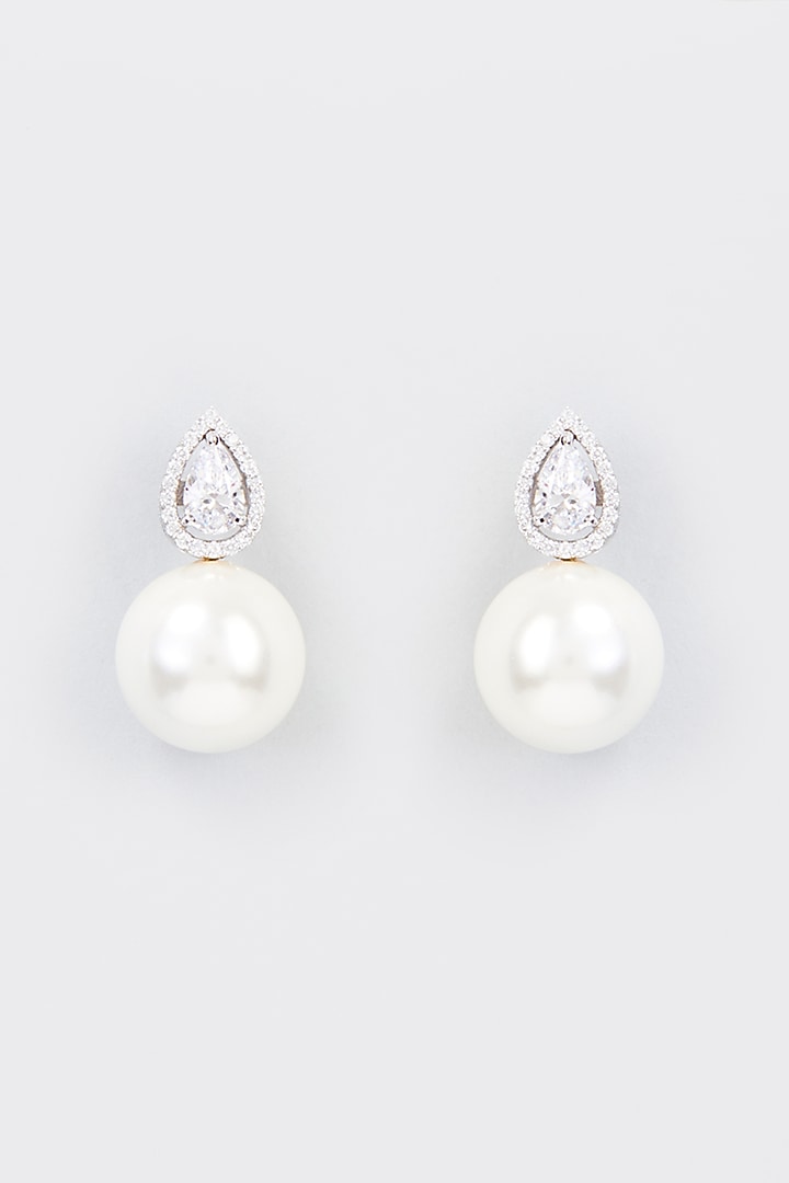 White Finish Zircon & Shell Pearl Dangler Earrings In Sterling Silver by Gemstruck at Pernia's Pop Up Shop