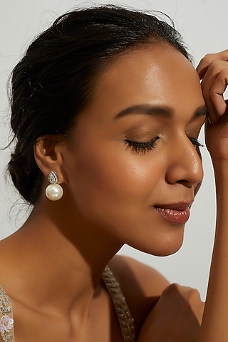 White Finish Zircon & Shell Pearl Dangler Earrings In Sterling Silver by Gemstruck