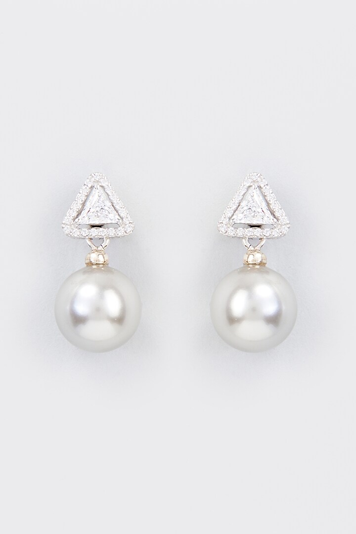 White Finish Zircon & Shell Pearl Dangler Earrings In Sterling Silver by Gemstruck at Pernia's Pop Up Shop