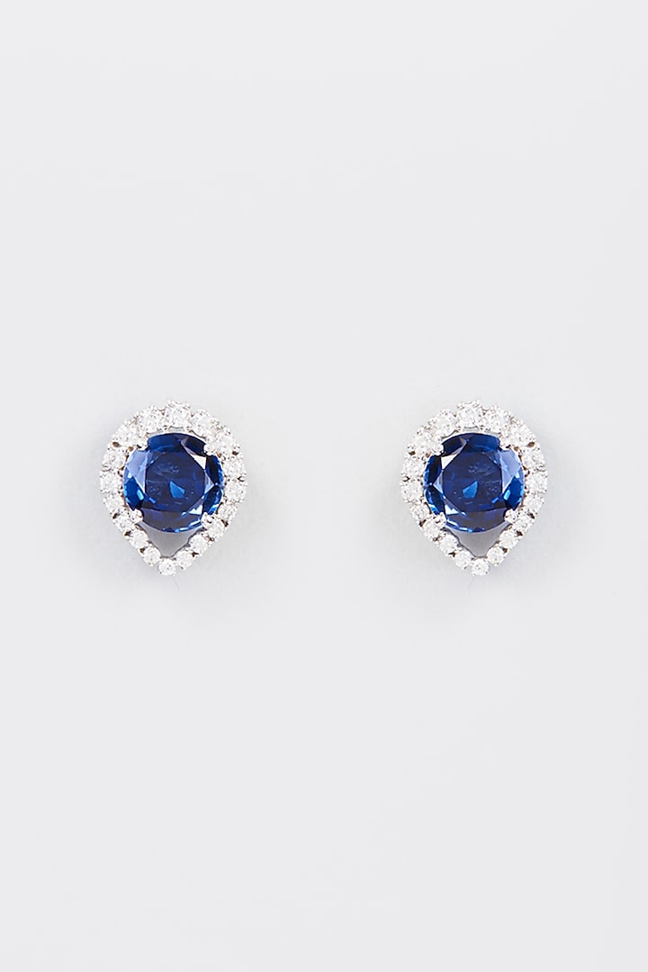 White Finish Zircon & Synthetic Blue Stone Stud Earrings In Sterling Silver by Gemstruck at Pernia's Pop Up Shop