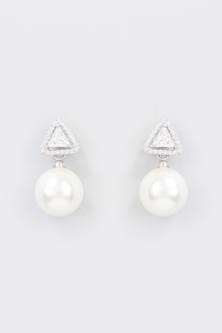 White Finish Zircon & Shell Pearl Dangler Earrings In Sterling Silver by Gemstruck at Pernia's Pop Up Shop