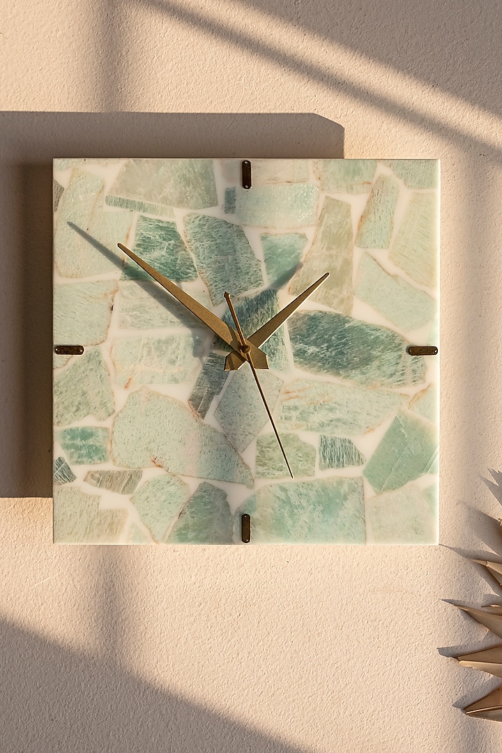 Green & White Amazonite Stone Square Wall Clock by Gemtherapy